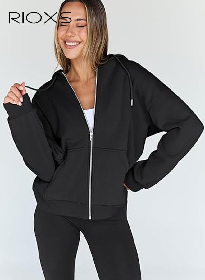 ريوكس سترات نسائية بغطاء رأس وسحاب، بلوزات عصرية فضفاضة بأكمام طويلة للسيدات، سترات رياضية بأكمام طويلة وغطاء رأس وجيوب، سترات مريحة وخفيفة الوزن لملابس الشتاء والخريف للمكتب والحفلات والمدرسة والجري والرياضة والصالة الرياضية والمزيد، أسود - Image 4