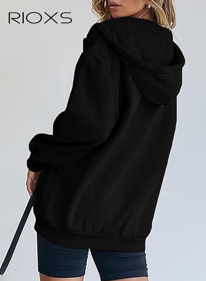 ريوكس سترات نسائية بغطاء رأس وسحاب، بلوزات عصرية فضفاضة بأكمام طويلة للسيدات، سترات رياضية بأكمام طويلة وغطاء رأس وجيوب، سترات مريحة وخفيفة الوزن لملابس الشتاء والخريف للمكتب والحفلات والمدرسة والجري والرياضة والصالة الرياضية والمزيد، أسود - Image 3