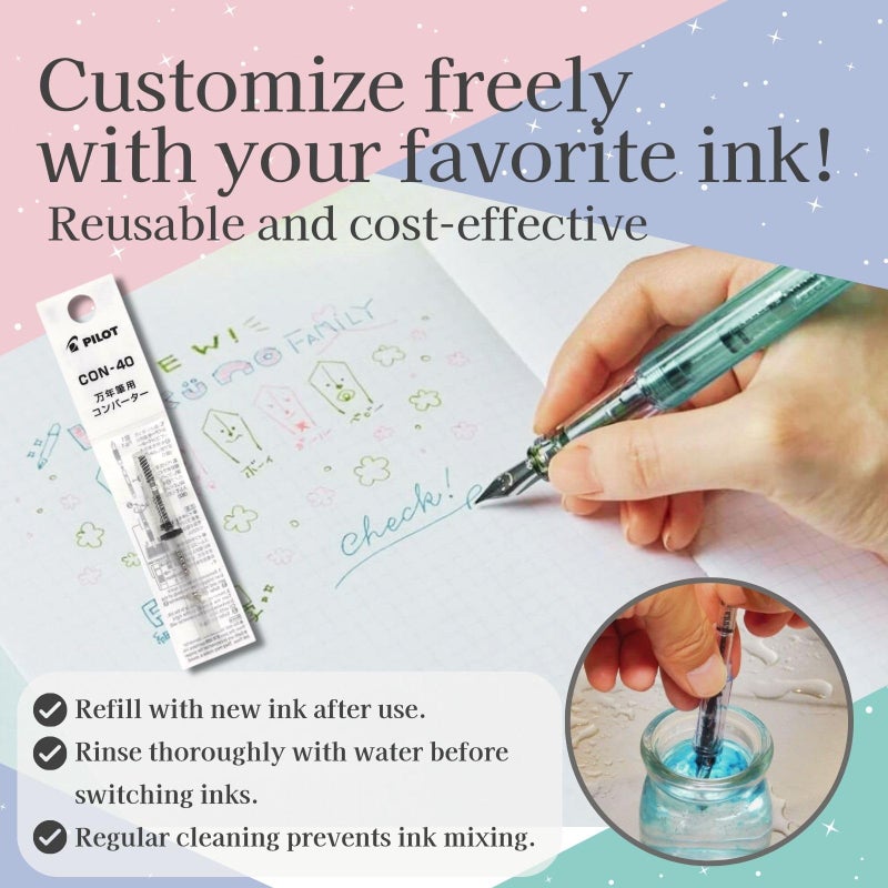 Someie Fountain Pen Set CON-40 Converter & Kakuno Fine Nib with Black Ink Cartridge & Sticky Notes â€“ Refillable Ink System, For Beginners, Calligraphy (Blue FKA-1SR-KPL-F) - Image 5