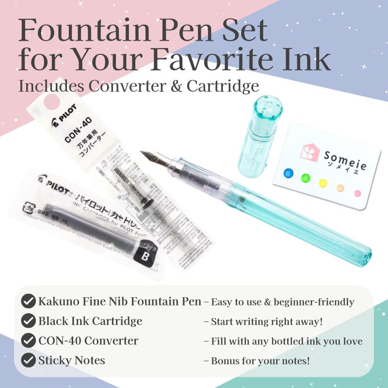 Someie Fountain Pen Set CON-40 Converter & Kakuno Fine Nib with Black Ink Cartridge & Sticky Notes â€“ Refillable Ink System, For Beginners, Calligraphy (Blue FKA-1SR-KPL-F) - Image 2