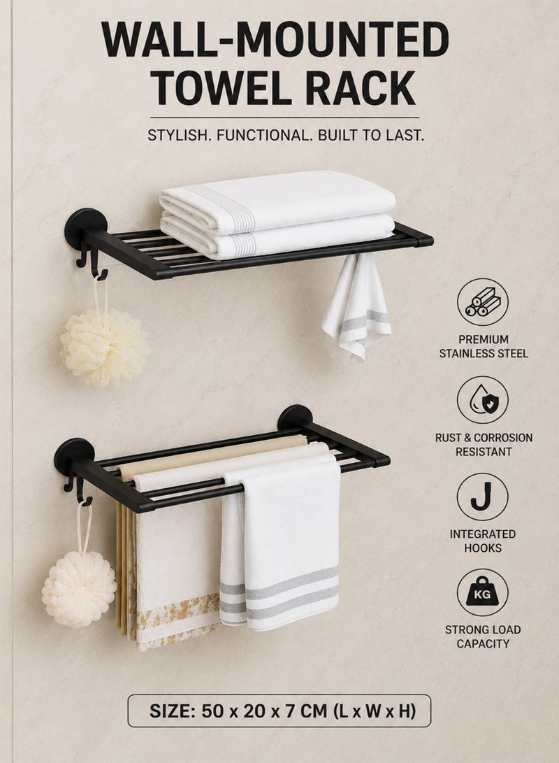 Toshionics Wall Mounted Towel Rack with Hooks, Rustproof Bathroom Towel Holder Shelf, Multi-Tier Space Saving Towel Organizer for Bathroom, Laundry Room & Kitchen - Image 2