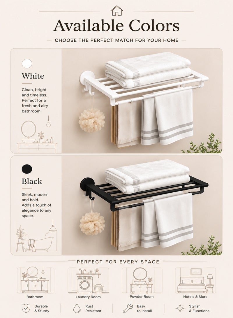 Toshionics Wall Mounted Towel Rack with Hooks, Rustproof Bathroom Towel Holder Shelf, Multi-Tier Space Saving Towel Organizer for Bathroom, Laundry Room & Kitchen - Image 5