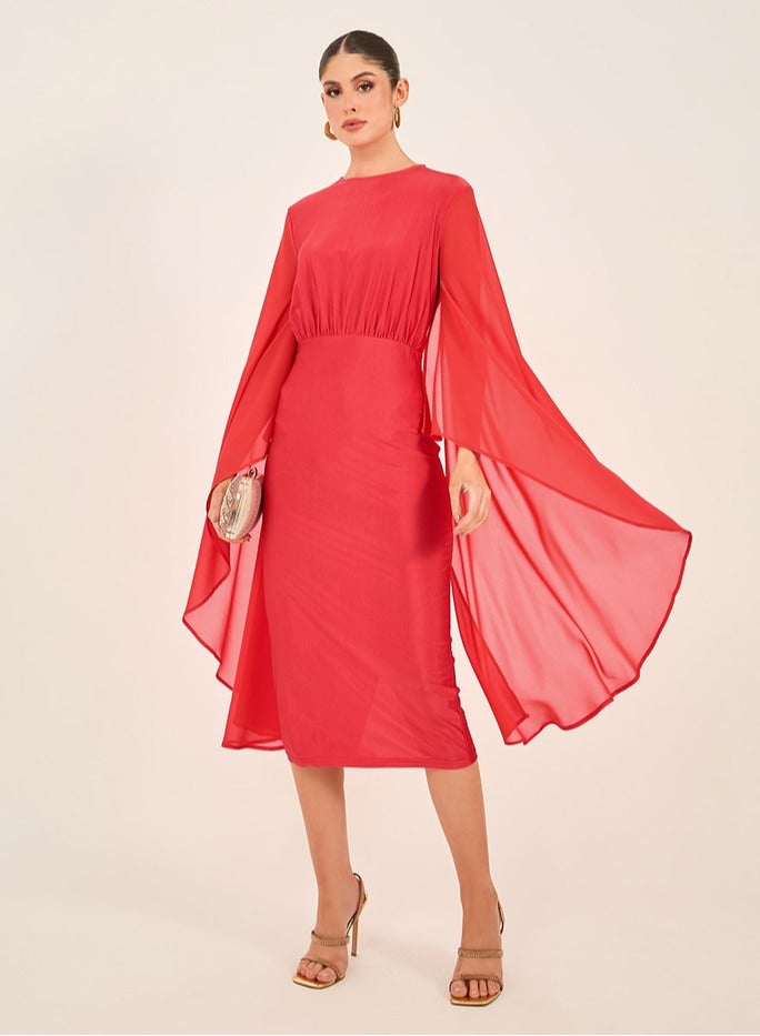 ستايلي فستان ميدي بياقة مستديرة وأكمام كاب سادة - Image 1