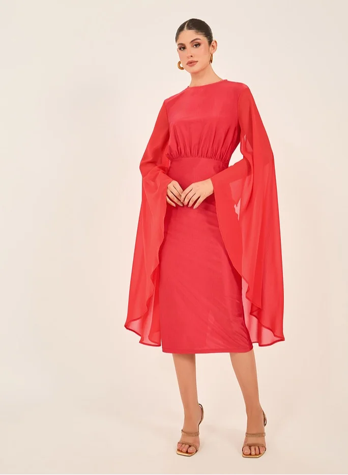 ستايلي فستان ميدي بياقة مستديرة وأكمام كاب سادة