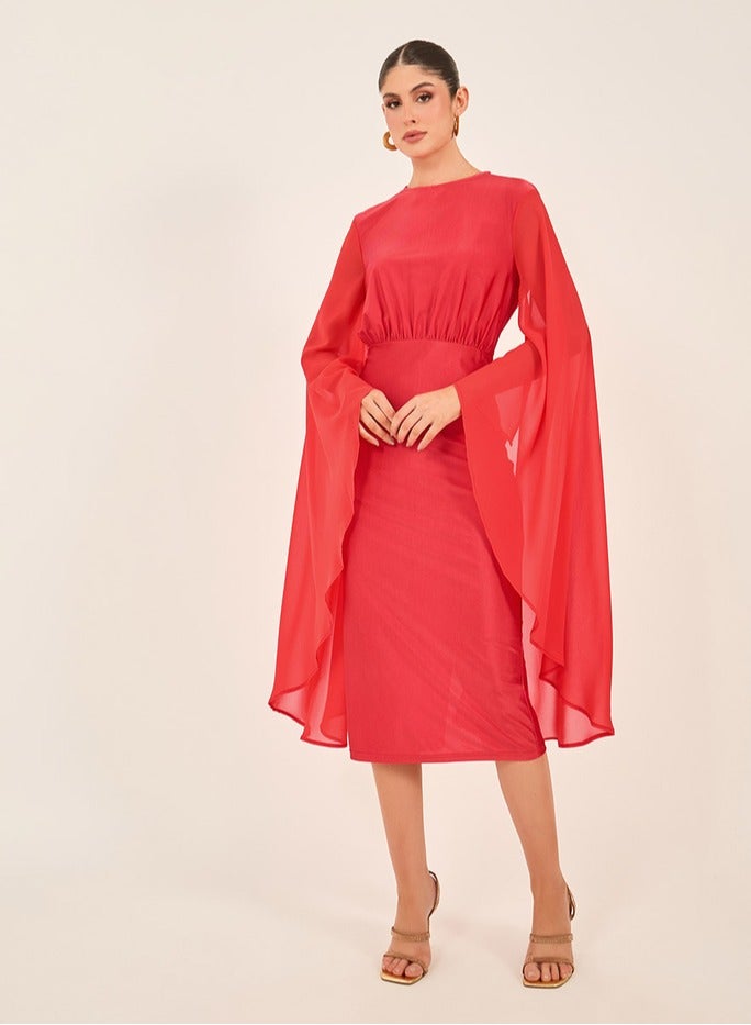 ستايلي فستان ميدي بياقة مستديرة وأكمام كاب سادة - Image 2