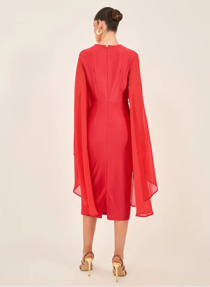 Styli Plain Cape Sleeves Round Neck Midi Dress