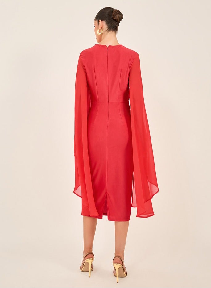 ستايلي فستان ميدي بياقة مستديرة وأكمام كاب سادة - Image 4