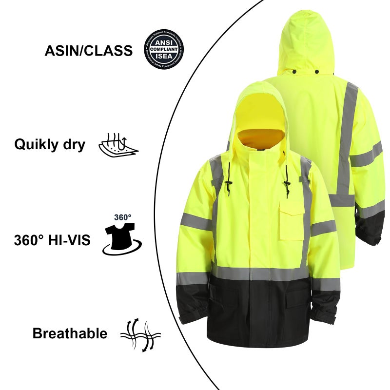 Dpsafety Reflective Rain Jackets For Men Waterproof,Hi Vis Safety Coat With Reflective Strips,High Visibility Class 3 Rain Jackets With 2 Large Pockets,Zipper,Black Bottom Lime,2Xl/3Xl - Image 5