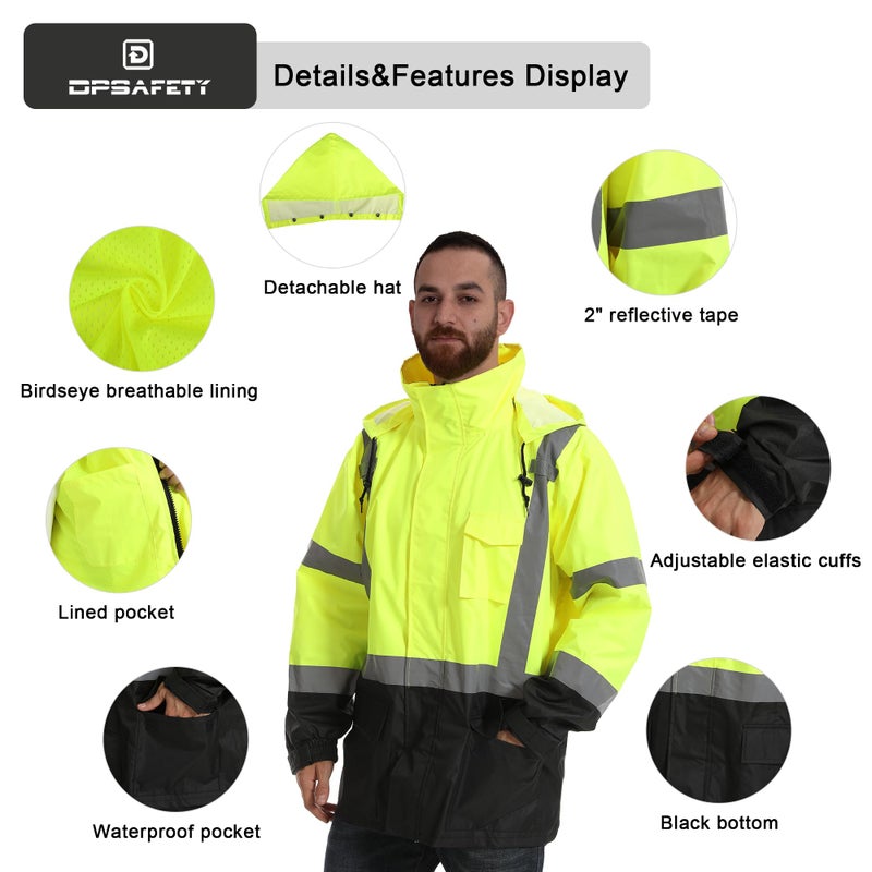 Dpsafety Reflective Rain Jackets For Men Waterproof,Hi Vis Safety Coat With Reflective Strips,High Visibility Class 3 Rain Jackets With 2 Large Pockets,Zipper,Black Bottom Lime,2Xl/3Xl - Image 2