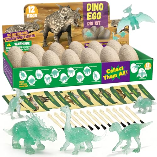 VICHTOP Dinosaur Egg Excavation Dig Kit for Kids 12Pack Easter Basket Stuffers Glow in The Dark Dino Easter Eggs Dinosaur Toys Easter Gift for 3 4 5 6 7 8 Year Old - Image 1