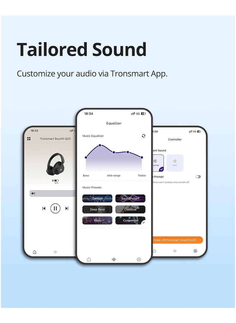 ترونسمارت سماعات Tronsmart Sounfii Q20 النشطة لإلغاء الضوضاء، سماعات رأس لاسلكية فوق الأذن تعمل بتقنية البلوتوث، وقت تشغيل 60 ساعة، صوت غني بالتفاصيل، معادل مخصص، أكواب أذن مريحة، للسفر والمكتب المنزلي (أسود)  - Image 5
