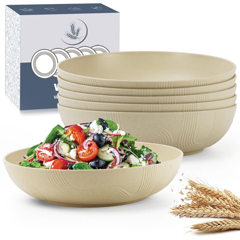 Wrova 10inch Wheat Straw Big Bowls Set of 6 - Large Salad Bowls 65oz set of 6 - Unbreakable Serving Bowls Microwave & Dishwasher Safe - Big Plastic Bowls for Cereal,Salad - Beige Series - Image 1