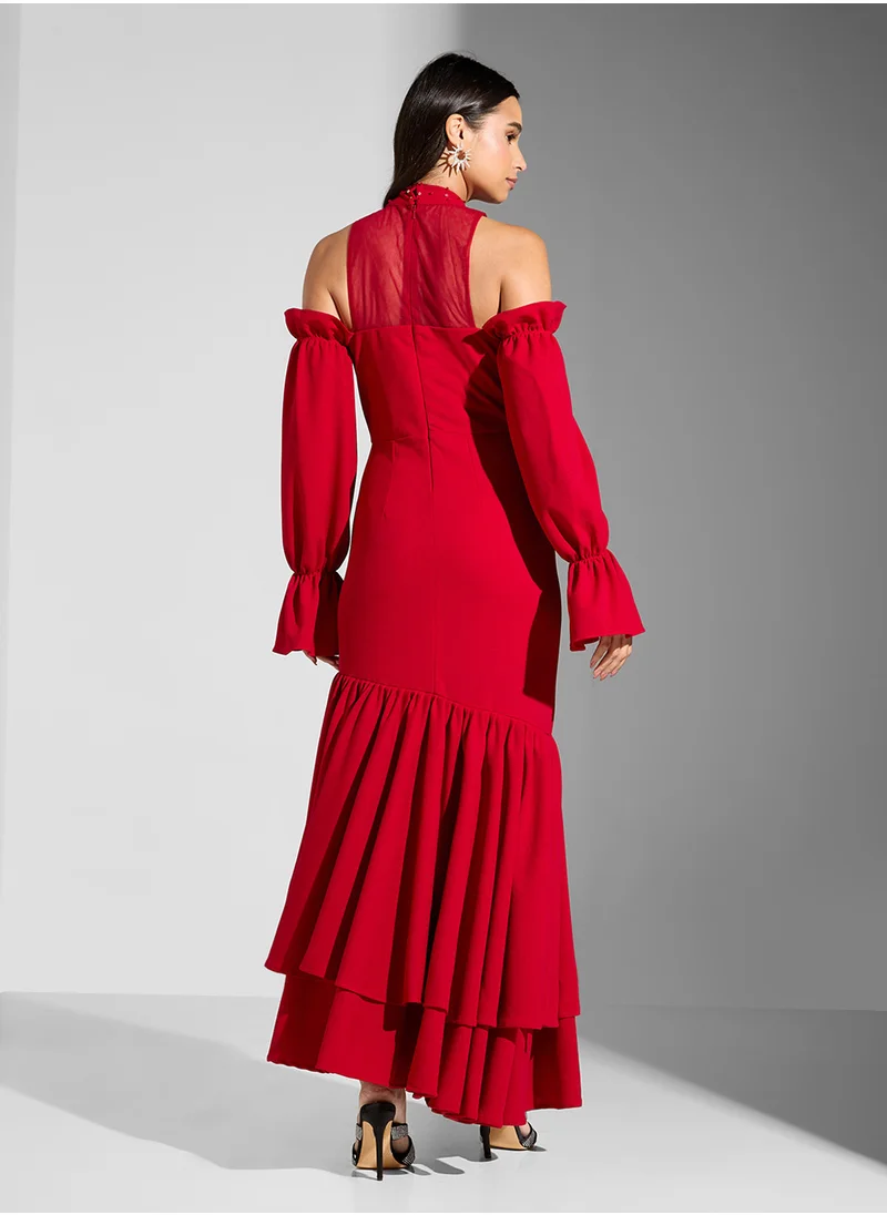نمشي x Cold Shoulder Mermaid Cut Dress With Ruffles