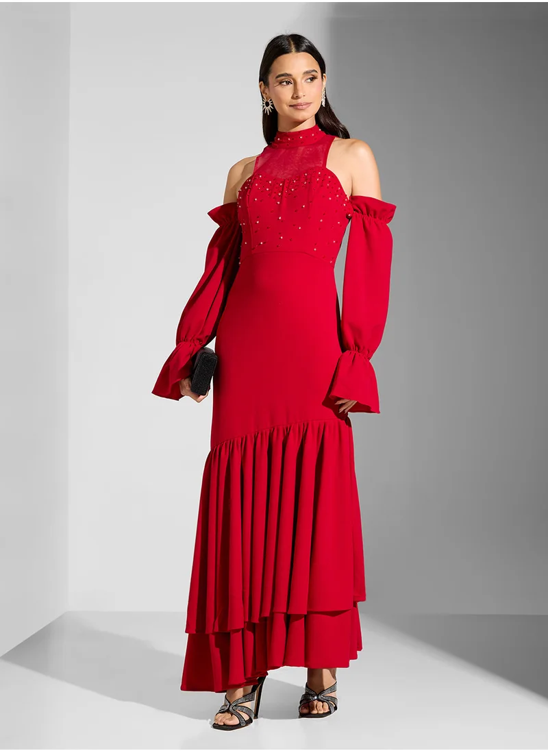 نمشي x Cold Shoulder Mermaid Cut Dress With Ruffles