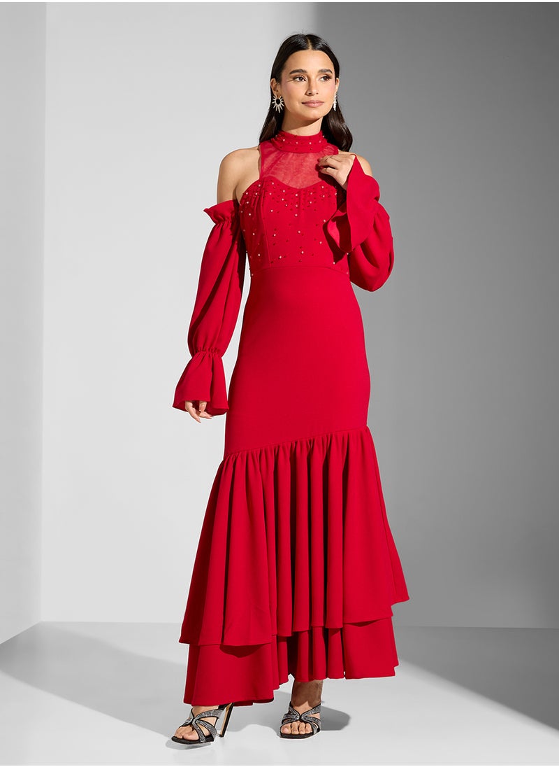 Namshi x Cold Shoulder Mermaid Cut Dress With Ruffles  - Image 5