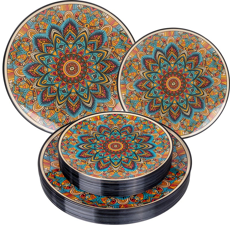 Joyido 60PCS Bohemian Plastic Plates - Boho Plate Disposable - Vintage Bohemian Style Plate Include 30 Dinner and 30 Dessert Plates for Kitchen Party Decorative - Image 1