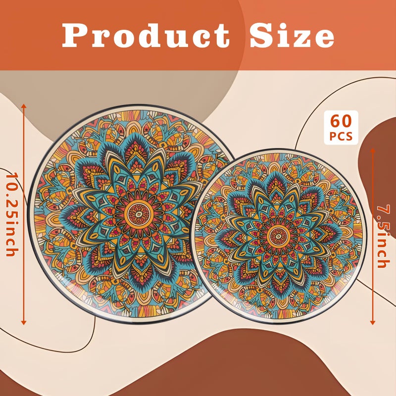 Joyido 60PCS Bohemian Plastic Plates - Boho Plate Disposable - Vintage Bohemian Style Plate Include 30 Dinner and 30 Dessert Plates for Kitchen Party Decorative - Image 3