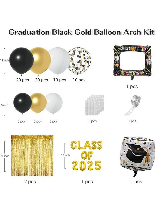 Janinus Janiuns Black and Gold Graduation Balloon Garland Arch Kit with Class of 2025 Foil Balloon & 78 Inch Foil Fringe Curtains Backdrop - 2025 Graduation Decorations with Black Gold White Grad Cap Balloons - Image 2