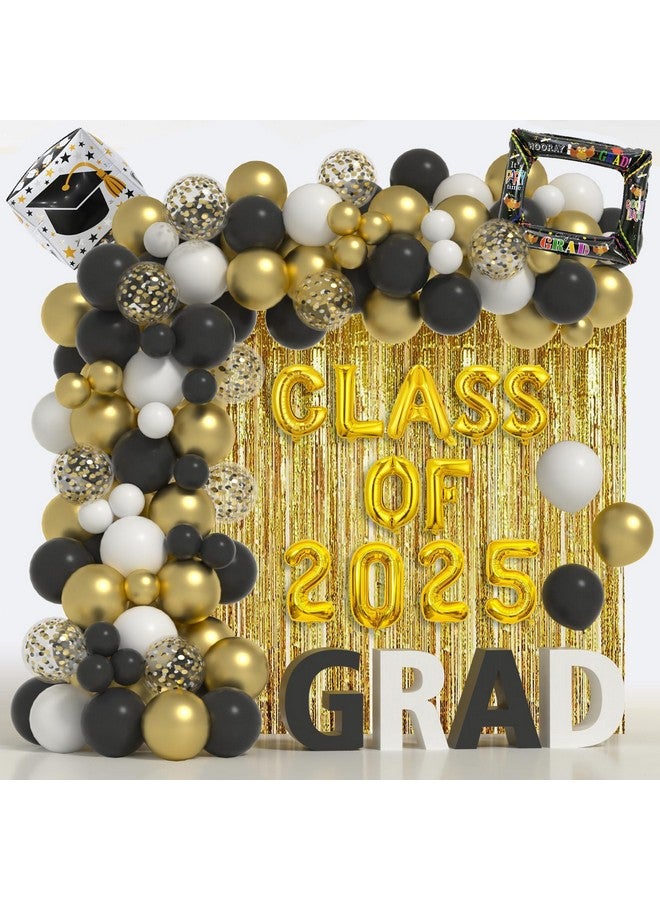 Janinus Janiuns Black and Gold Graduation Balloon Garland Arch Kit with Class of 2025 Foil Balloon & 78 Inch Foil Fringe Curtains Backdrop - 2025 Graduation Decorations with Black Gold White Grad Cap Balloons - Image 1
