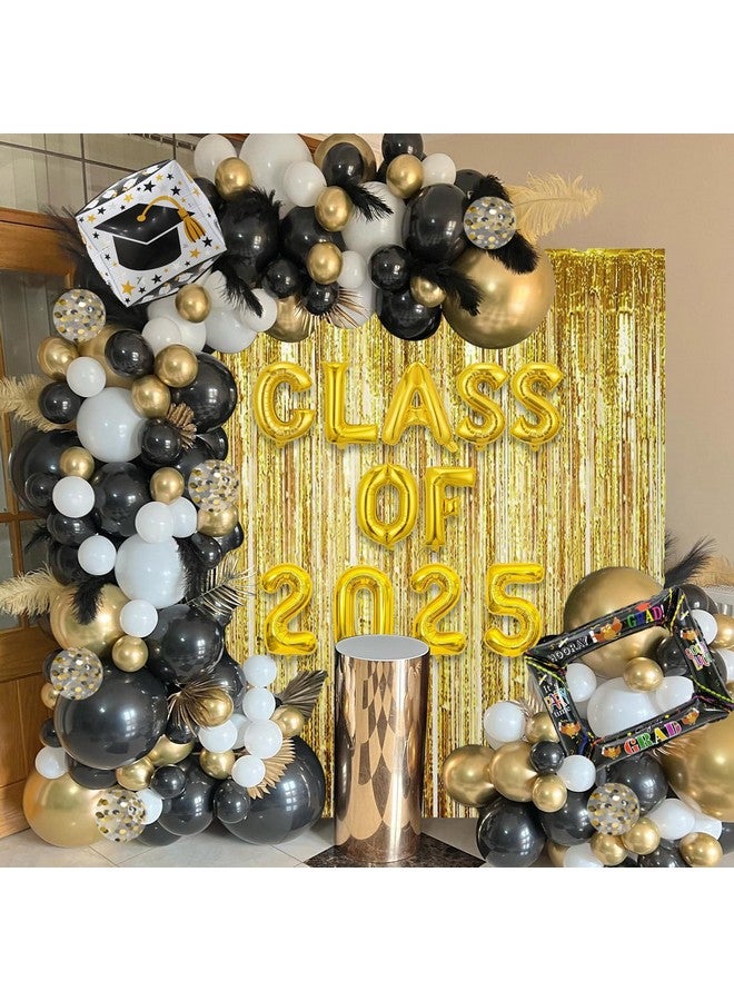 Janinus Janiuns Black and Gold Graduation Balloon Garland Arch Kit with Class of 2025 Foil Balloon & 78 Inch Foil Fringe Curtains Backdrop - 2025 Graduation Decorations with Black Gold White Grad Cap Balloons - Image 5