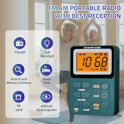 Paeiope Portable Radio AM FM, Rechargeable Pocket Speaker with Best Reception Digital Tuning, MP3, Stereo Earphone, Large LCD Screen, TF Card Socket, Transistor Radio for Jogging/Gym/Camping… - Image 2