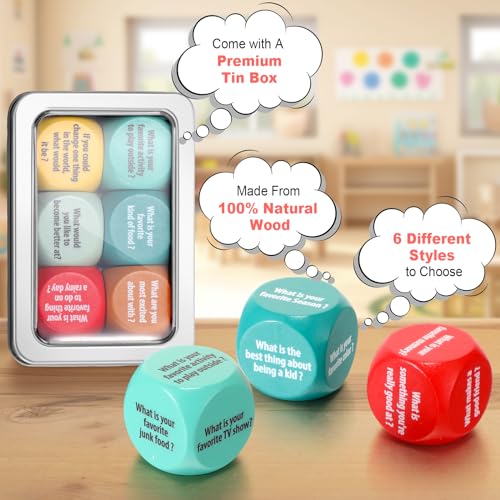 Simgoing 6 Pcs Conversation Cube Ice Breaking Supplies Table Talk Topic Cube Social Emotional Learning Activities Wood Conversation Starter Dice with Tin Box for Kid Counselor Therapist - Image 5