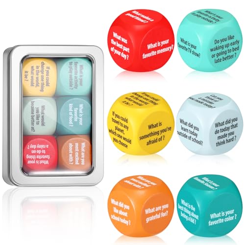 Simgoing 6 Pcs Conversation Cube Ice Breaking Supplies Table Talk Topic Cube Social Emotional Learning Activities Wood Conversation Starter Dice with Tin Box for Kid Counselor Therapist - Image 1