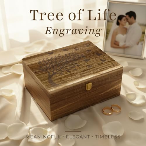 AMBER IMPRINT Keepsake Box – Wooden Keepsake Memory Box with Hinged Lid, Tree of Life Engraving, Large Acacia Wood Box 11"x8.6"x5", Felt Photo Board, Secure Latch – Storage for Photos, Letters, Jewelry, Crafts - Image 2