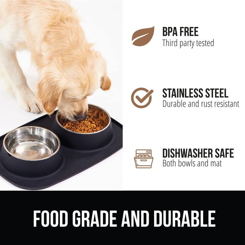 GORILLA GRIP Feeding Mat Set, Patent Pending 100% Waterproof BPA Free Silicone, Stainless Steel Cat and Dog Bowls, Slip Resistant, High Edges Catch Water Food, US Designed Pet Accessories, 1 Cup Black - Image 5