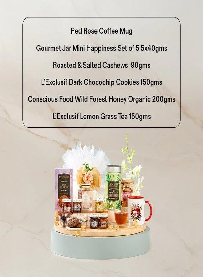 THE GIFT STUDIO.COM Gourmet Indulgence Hamper | Mini Happiness Gift Box with Cashews, Honey, Tea, Mug & Biscuits | Luxury Food Gift for Festive & Return Gifting - Image 4