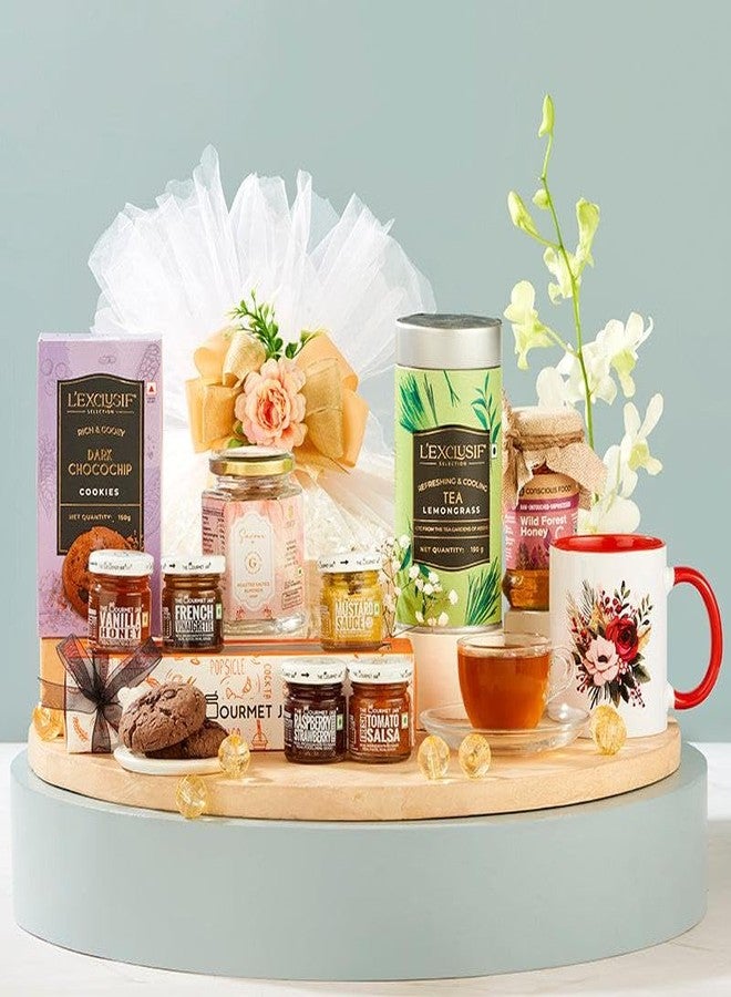 THE GIFT STUDIO.COM Gourmet Indulgence Hamper | Mini Happiness Gift Box with Cashews, Honey, Tea, Mug & Biscuits | Luxury Food Gift for Festive & Return Gifting - Image 1