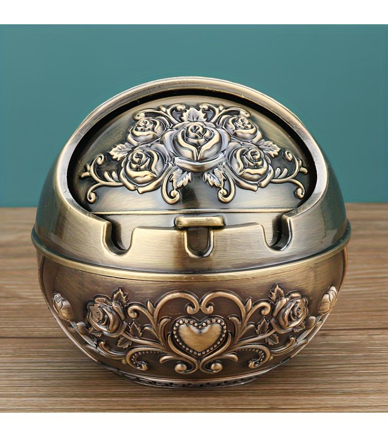 Red Bronze Love Rose Flower Metal Ball Shaped Ashtray With Lid Home Living Room Decoration Valentine Christmas Holiday Gift - Image 1