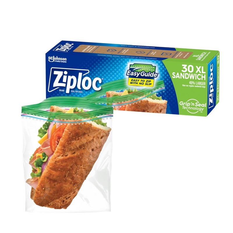 Ziploc Ziploc XL Sandwich and Snack Bags with EasyGuide Texture Plastic Storage Bags with Grip n Seal Technology 30 Bags Total