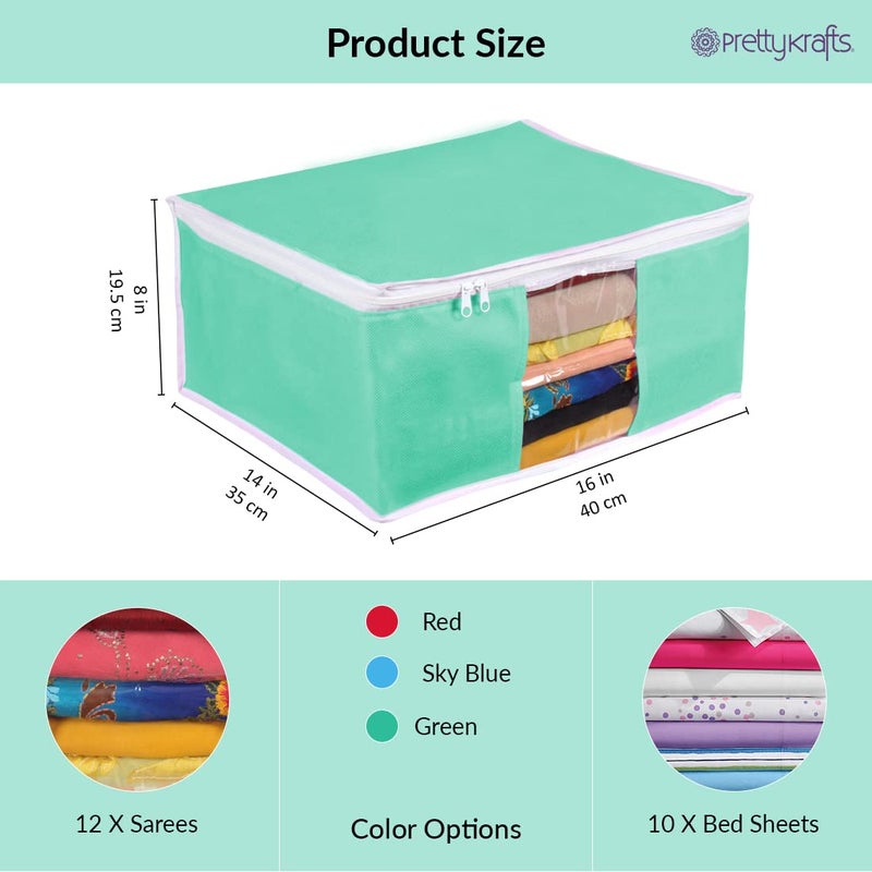 PrettyKrafts Prettykrafts Set of 6 Jute Foldable Saree CoverCloth Storage BagWardrobe Organizer with Zip Transparent Window For Lehenga Shirts Salwar Suits Dress Accessories Green 43 x 39 x 19cm - Image 3