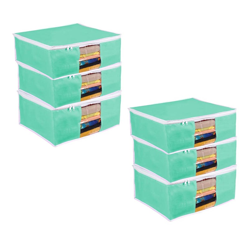 PrettyKrafts Prettykrafts Set of 6 Jute Foldable Saree CoverCloth Storage BagWardrobe Organizer with Zip Transparent Window For Lehenga Shirts Salwar Suits Dress Accessories Green 43 x 39 x 19cm - Image 1