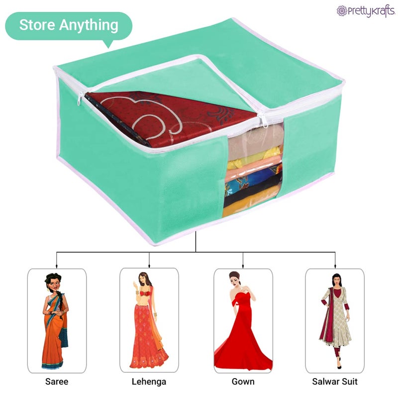 PrettyKrafts Prettykrafts Set of 6 Jute Foldable Saree CoverCloth Storage BagWardrobe Organizer with Zip Transparent Window For Lehenga Shirts Salwar Suits Dress Accessories Green 43 x 39 x 19cm - Image 2