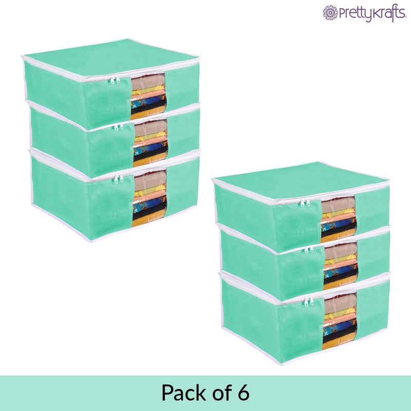 PrettyKrafts Prettykrafts Set of 6 Jute Foldable Saree CoverCloth Storage BagWardrobe Organizer with Zip Transparent Window For Lehenga Shirts Salwar Suits Dress Accessories Green 43 x 39 x 19cm - Image 5