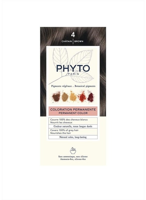 Phytocolor Permanent Hair Color, 4 Brown, with Botanical Pigments, 100% Grey Hair Coverage, Ammonia-free, PPD-free, Resorcin-free, 0.42 oz.