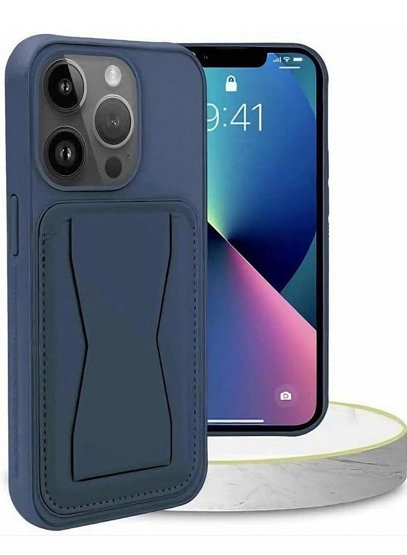 MIGOFAST Leather Card Holder Case Compatible with iPhone 14pro  inch Shockproof Leather Back Card Storage Plus Phone Stand Blue