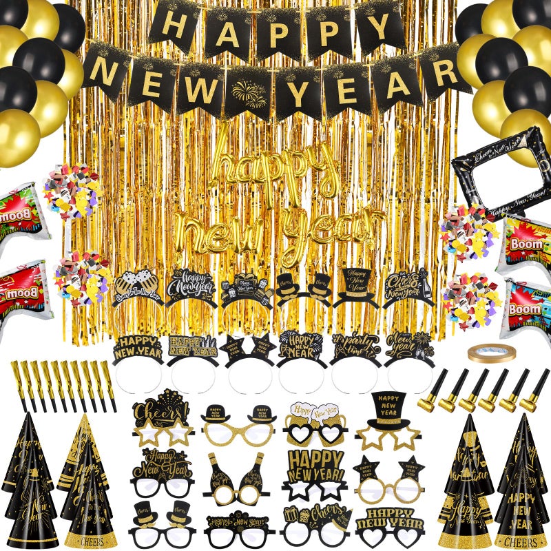 Harrycle 136 Pcs New Years Eve Party Supplies Kit New Years Eve Party Supply Include Hats Glasses Headbands Blowouts Balloons Inflatable Fireworks Gun Banner for 2026 Holiday Celebration Decor - Image 3