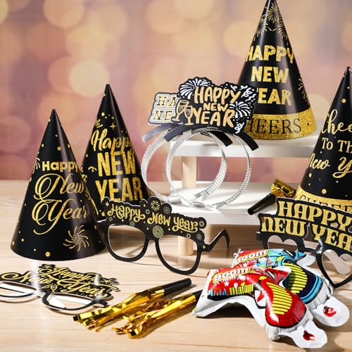 Harrycle 136 Pcs New Years Eve Party Supplies Kit New Years Eve Party Supply Include Hats Glasses Headbands Blowouts Balloons Inflatable Fireworks Gun Banner for 2026 Holiday Celebration Decor - Image 5