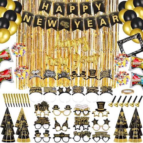Harrycle 136 Pcs New Years Eve Party Supplies Kit New Years Eve Party Supply Include Hats Glasses Headbands Blowouts Balloons Inflatable Fireworks Gun Banner for 2026 Holiday Celebration Decor - Image 1