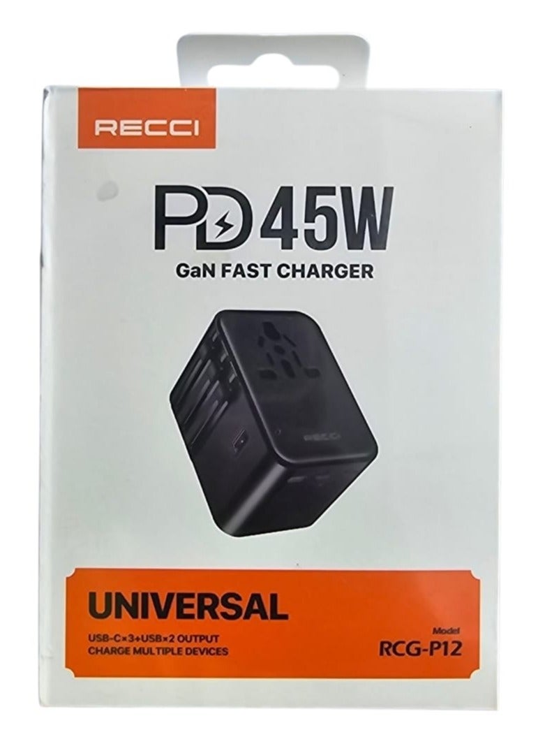 45W Universal Travel Charger with Five USB Type-C Ports and GaN Technology