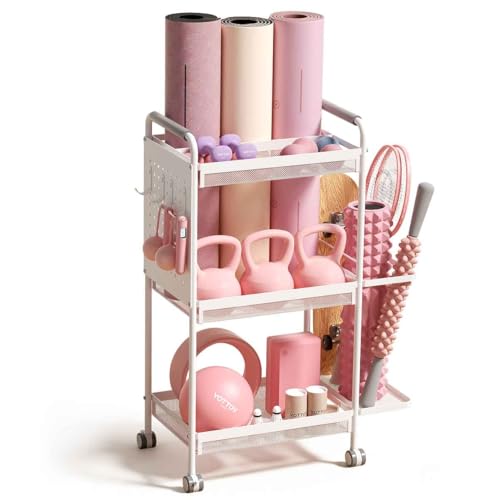 YOTTOY 3-Tier Gym Storage Rack for Home Gym–Multi-Functional Weight Rack, Dumbbell Rack, Yoga Mat Holder with Side Basket & 6 Hooks, Gym Equipment Organizer (White) - Image 1