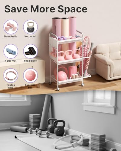 YOTTOY 3-Tier Gym Storage Rack for Home Gym–Multi-Functional Weight Rack, Dumbbell Rack, Yoga Mat Holder with Side Basket & 6 Hooks, Gym Equipment Organizer (White) - Image 4