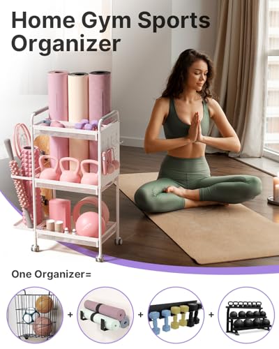 YOTTOY 3-Tier Gym Storage Rack for Home Gym–Multi-Functional Weight Rack, Dumbbell Rack, Yoga Mat Holder with Side Basket & 6 Hooks, Gym Equipment Organizer (White) - Image 2
