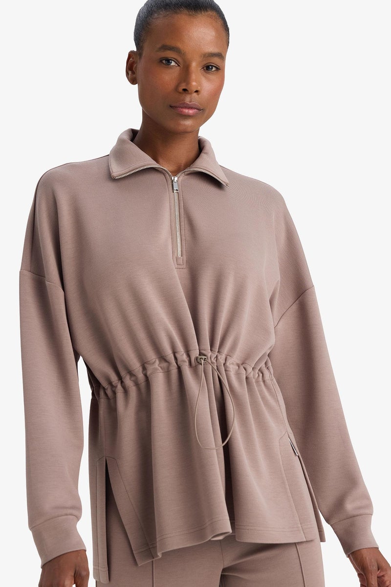 DeFacto Brown Woman Long Fit Stand Collar Modal Sports Sweatshirt Casual - Image 4