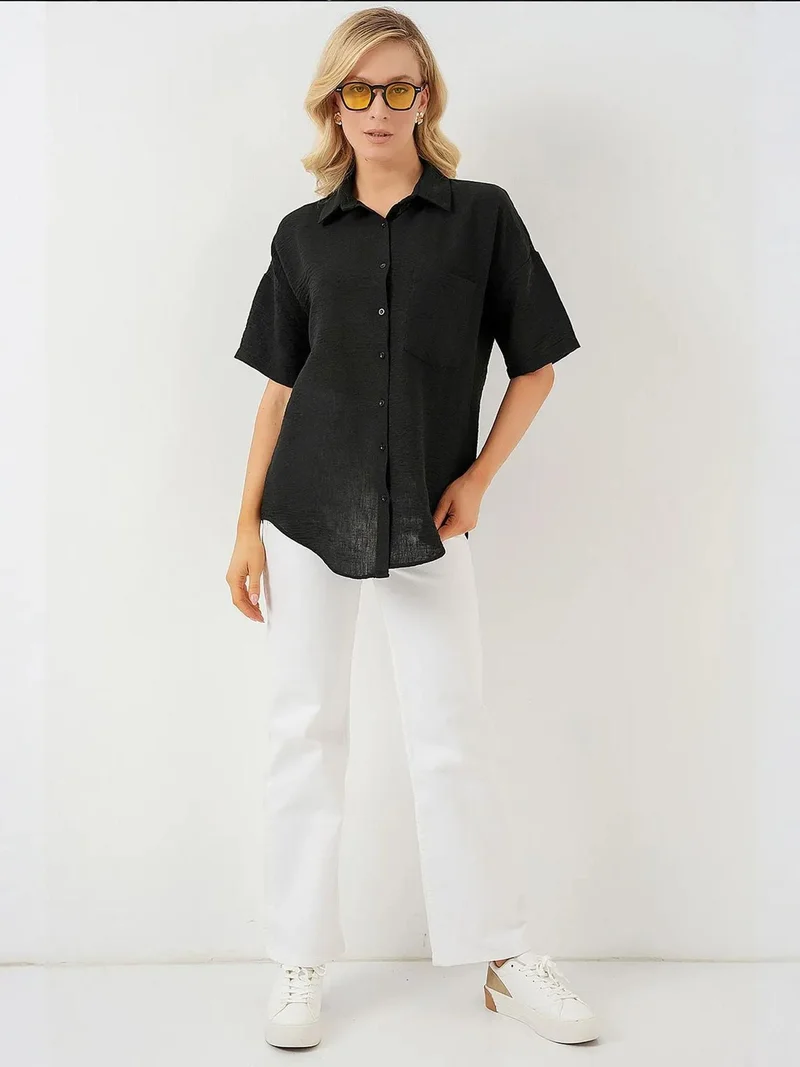 بيغ دارت قميص كتان بقصة واسعة بأزرار وجيب