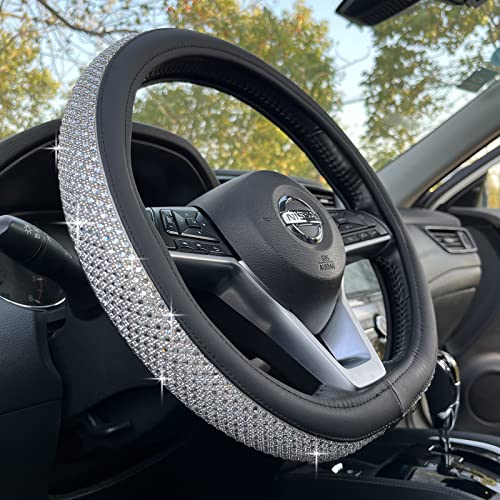 PINCTROT D Shaped Bling Comfy Steering Wheel Cover with Jumbo Crystal Rhinestones AntiSlip Diamond Leather Flat Bottom 14515 Inch Silver - Image 1