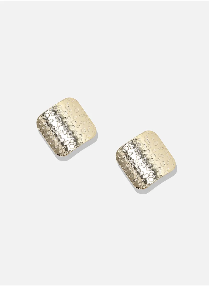 SOHI Dented Textured Square Stud Earrings - Gold-Colour